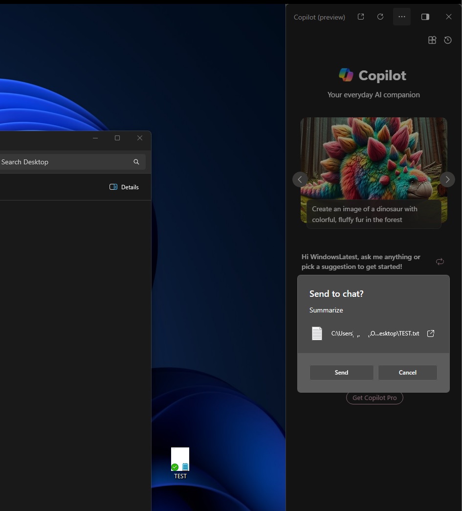 File Explorer Copilot summarize feature