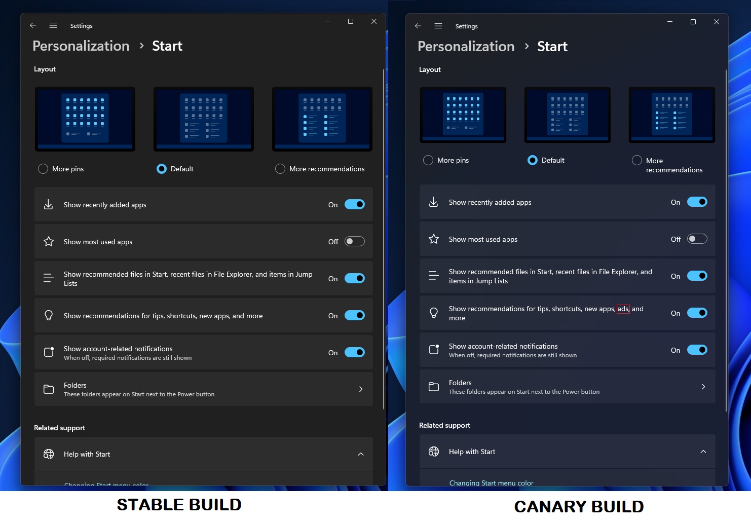 Windows 11 Start menu new ads toggle