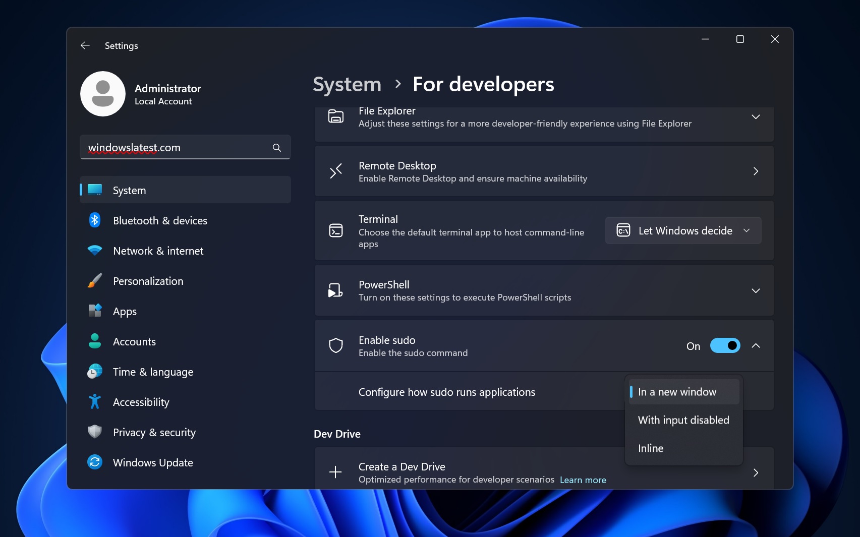 Windows 11 Sudo command settings