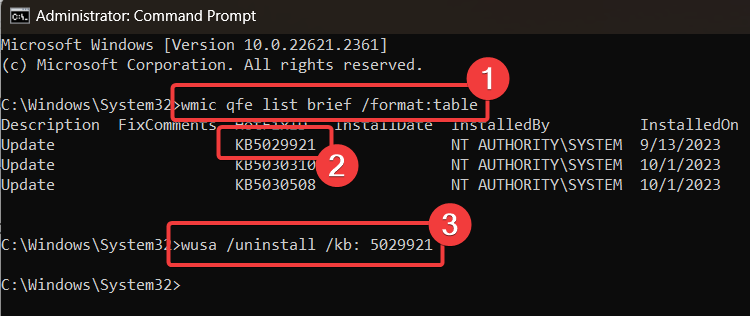 Uninstall updates through Command Prompt